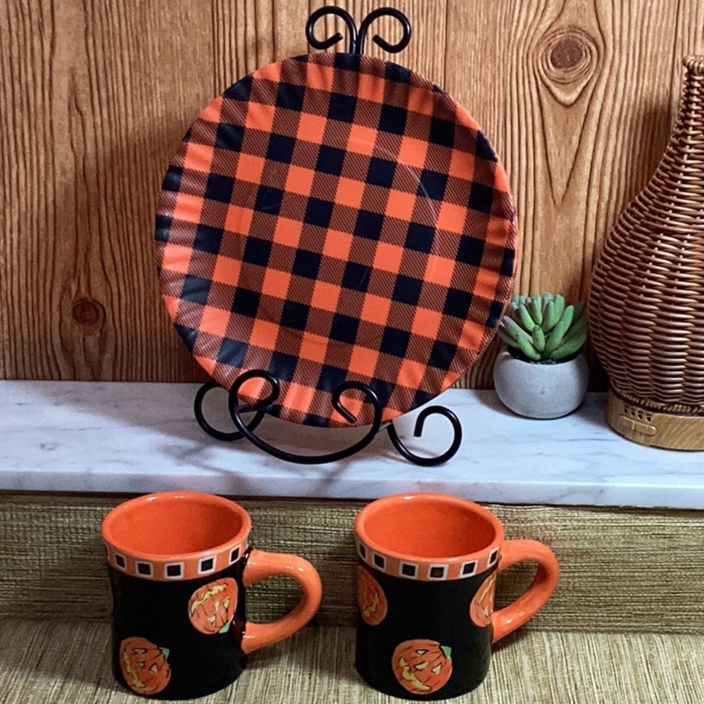 Orange and Black Halloween Mugs and plastic plates